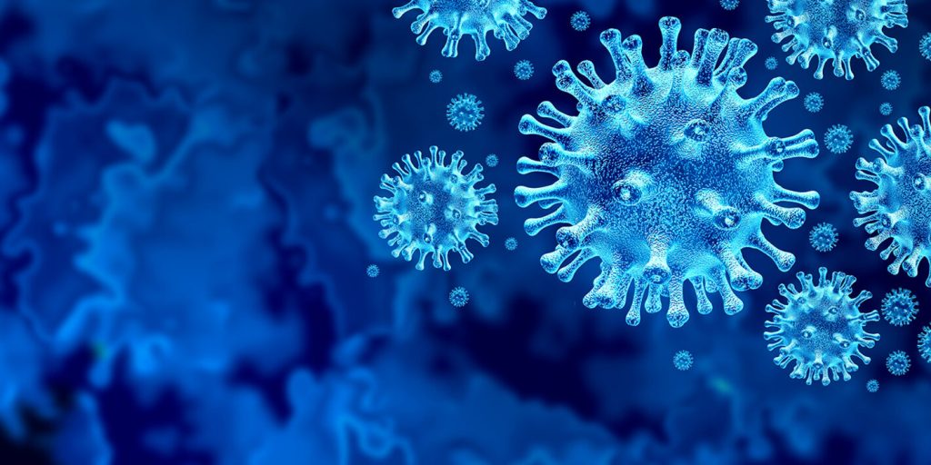 Coronavirus virus outbreak and coronaviruses influenza background as dangerous flu strain cases as a pandemic medical health risk concept with disease cells as a 3D render