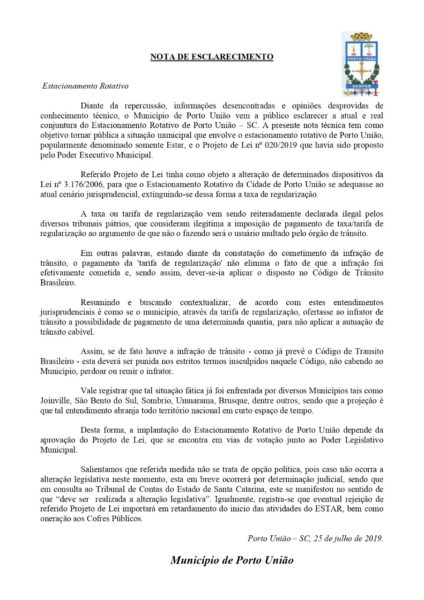 Nota de Esclarecimento enviada pela prefeitura de Porto União
