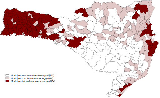 Mapa dos municípios segundo situação entomológica (Foto: DIVE/SES/SC).