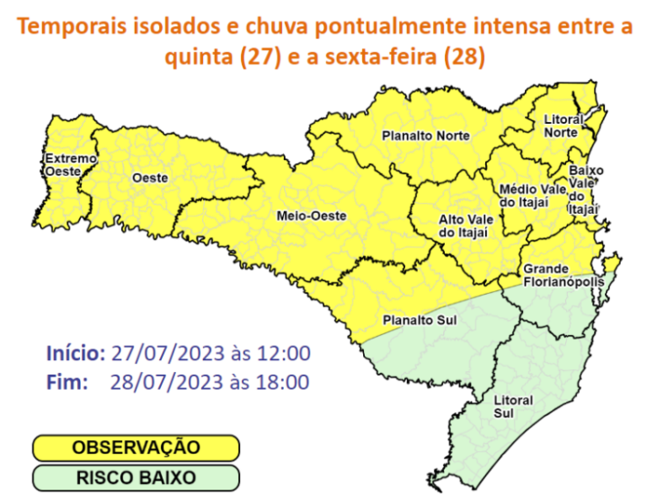 Defesa Civil emite Aviso Meteorológico para temporais isolados e chuva intensa