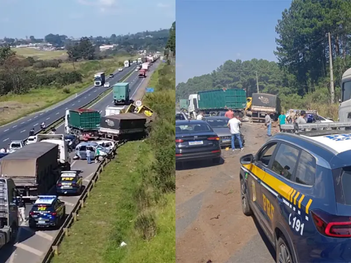 Caminhoneiro não consegue parar a tempo e provoca acidente com vários veículos na BR-376