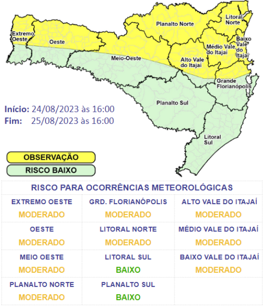 SC terá declínio acentuado das temperaturas entre a tarde de quinta e sexta-feira