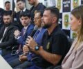 Coletiva de imprensa das forÃ§as de seguranÃ§a de Santa Catarina sobre o resgate da menina de 10 anos que estava sequestrada, na sede da DRP na manhÃ£ desta quinta
