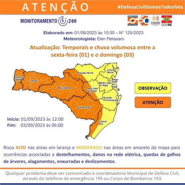 Mudança no clima com temporais e chuva volumosa entre a sexta e o domingo em SC