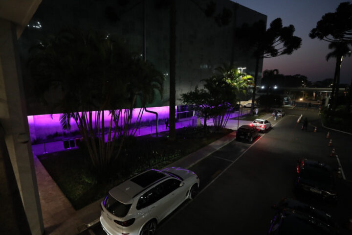 A Assembleia Legislativa iluminada com a cor lilás em apoio à campanha | Foto: Valdir Amaral/Alep