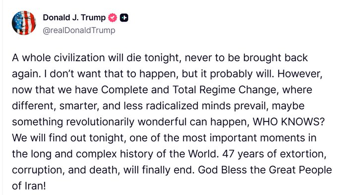 “Uma civilização inteira morrerá esta noite”, diz Trump em ameaça ao Irã