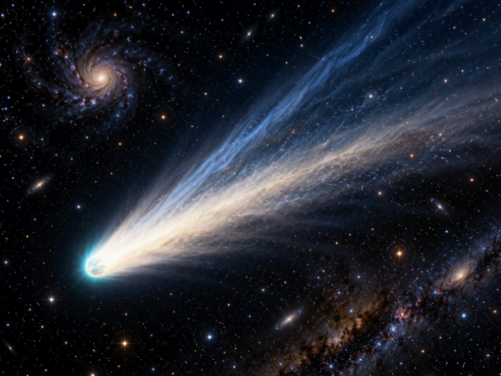 Rastro luminoso de cometa entre estrelas distantes
